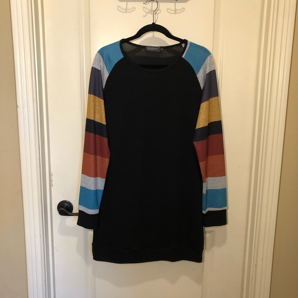 Black long sweater with striped sleeves